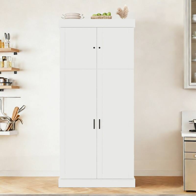 Freestanding 77"Tall Kitchen Pantry with Adjustable Shelves,Door Shelves, Drawers and Wine Racks - White