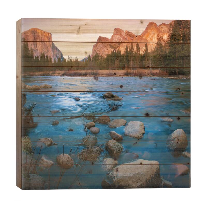 Yosemite Valley As Seen From The Bank Of The Merced River, Yosemite National Park, California, USA Print On Wood by Anna Miller - 26x26x1.5