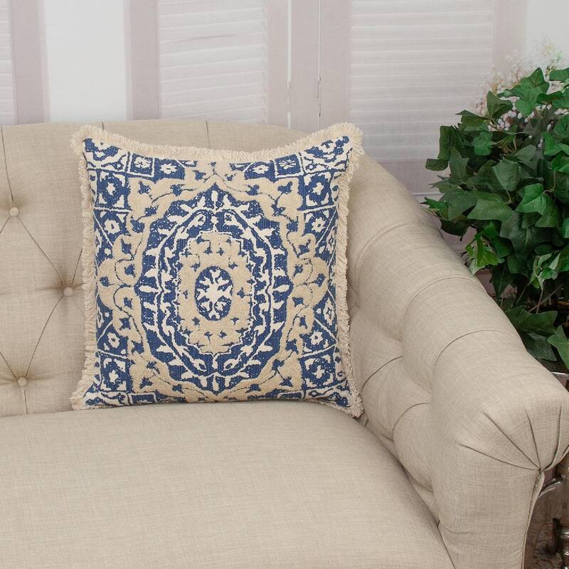 18" Beige and Blue Embroidered Ethnic Design Throw Pillow