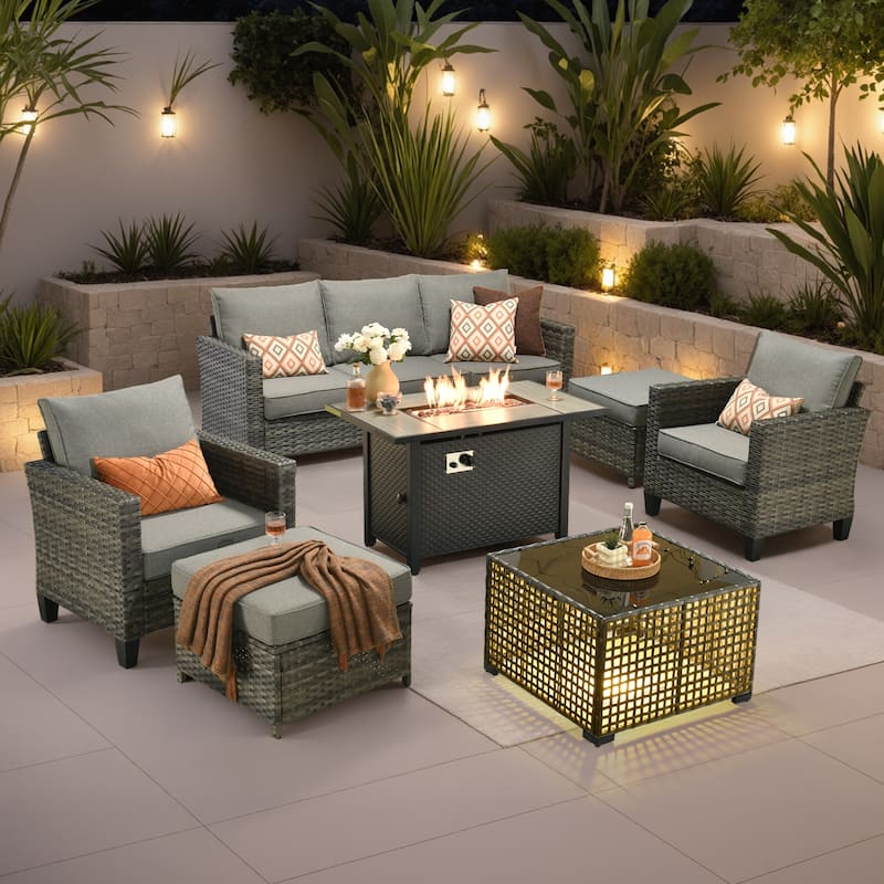 OVIOS 7 Pieces Patio Furniture Set with Solar-Powered Table & Fire Pit