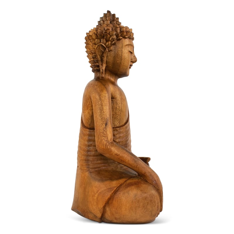 Wood Buddha Statue Hand Carved Earth Touching Mudra Sculpture, Natural Zen Decor