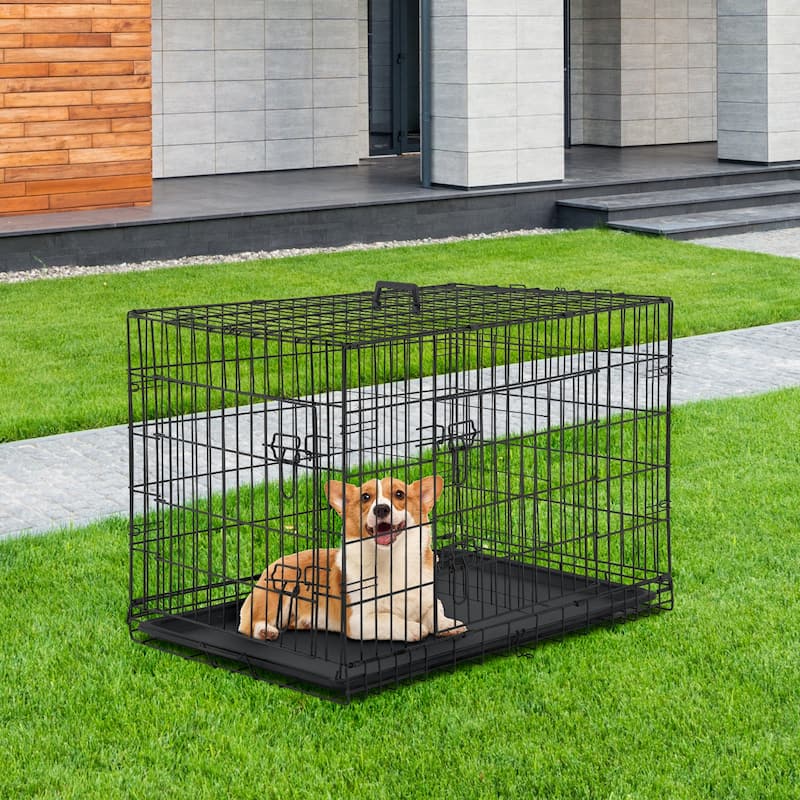 Mylo Metal Double Door Folding Wire Pet Crate with Divider by Furniture of America - 42-inch