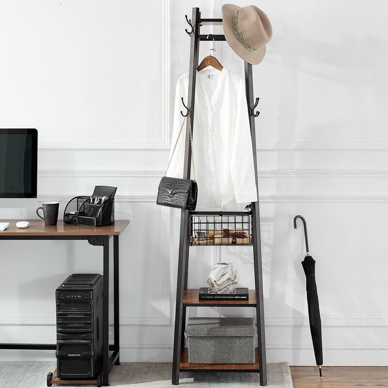 VECELO 72" Industrial Brown Coat Rack with Shelves Multi-functional Space Saving Storage Stand for Entryway Living Room