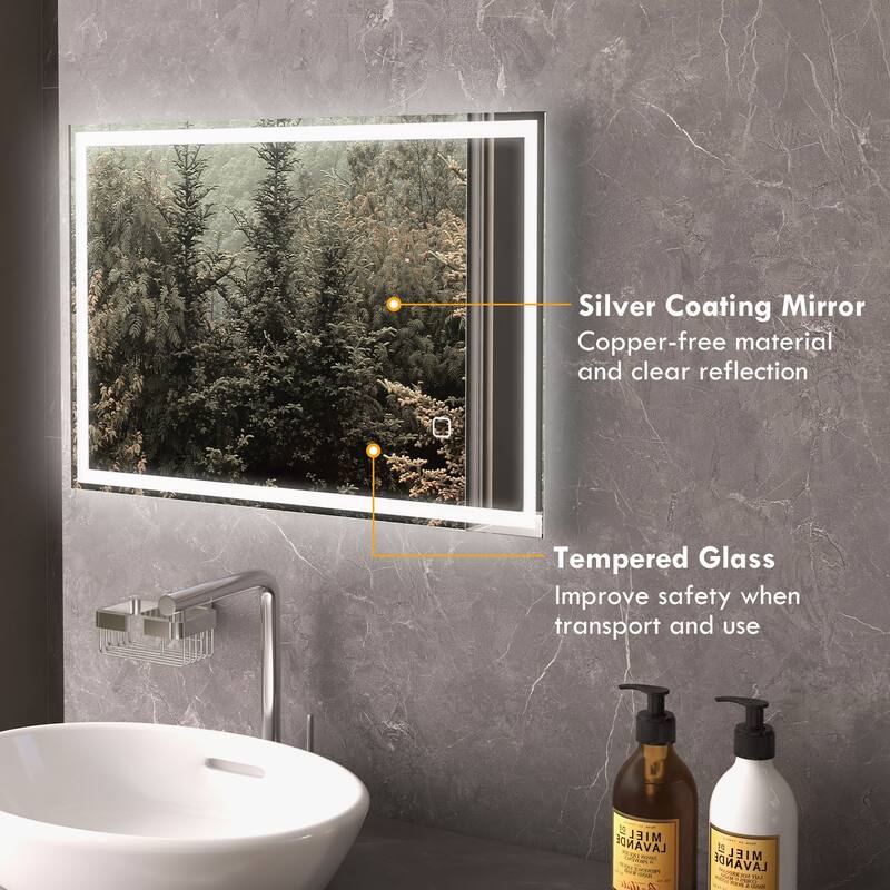Silver LED Bathroom Wall Mirror with Touch Switch and Outline Lighting - 31.5" L x 23.5" W x 1.5" D