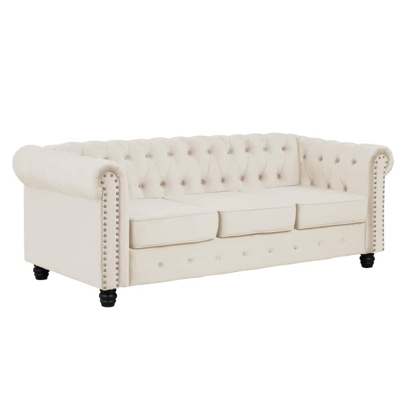 Morden Fort Velvet Upholstered Chesterfield Sofa with Nailhead and Solid Legs for Living Room