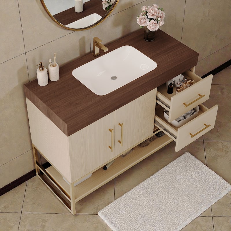 36 Inch Modern Bathroom Vanity with Seamless Ceramic Sink, Freestanding Cabinet with Gold Accents and Storage