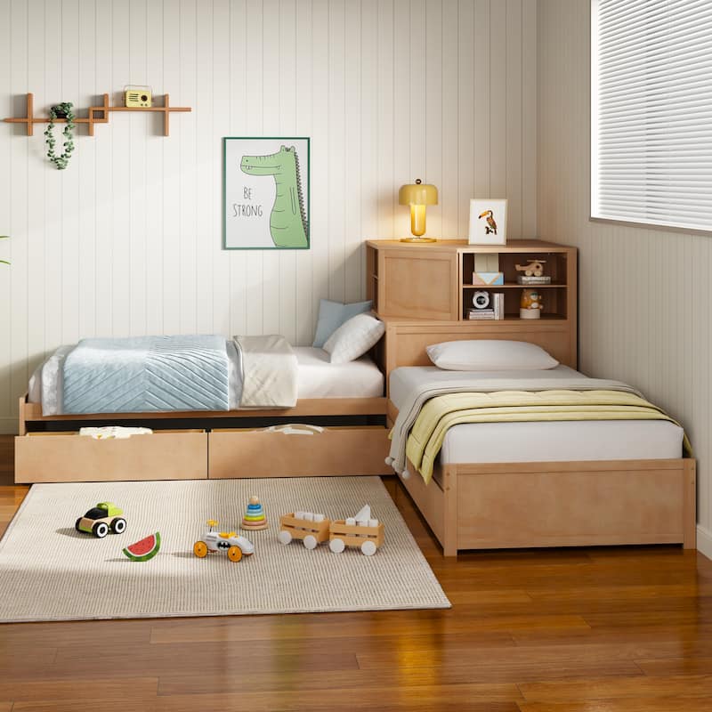 L-Shaped Triple Twin Bed with Built-In Desk, Drawers and Storage Space by Harper&Bright Designs