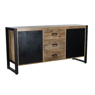 63" Mango Wood Sideboard Buffet with 3 Drawers Metal Frame and Cabinets