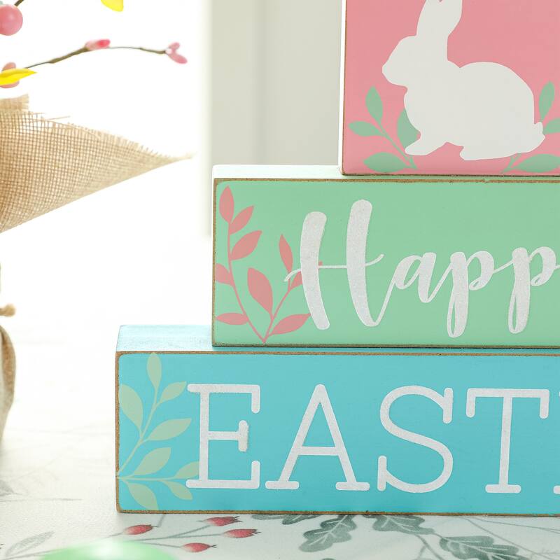 Glitzhome 9.5"L Wooden Block Easter Bunny Table Sign Decor "Happy Easter"