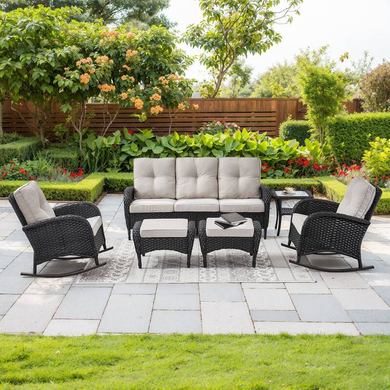 6-Piece Sofa with Rocking Chairs Ottomans Set - Black - Beige