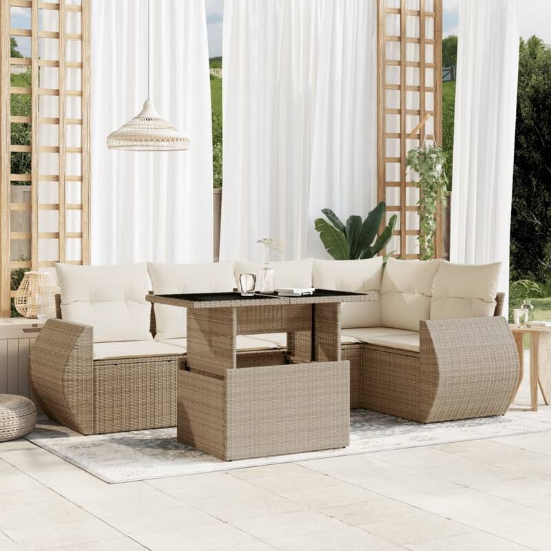 vidaXL Patio Sofa Set with Cushions Outdoor Furniture 6 Piece Poly Rattan - 21.7 x 39.4 x 28.7 - Beige and Cream-without storage