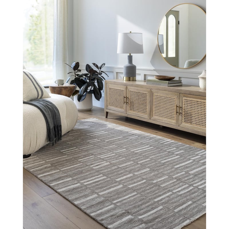 Madilyn Mid-Century Modern Stripe Fringed Area Rug - 8' x 10' - Cream/Medium Gray/Light Gray