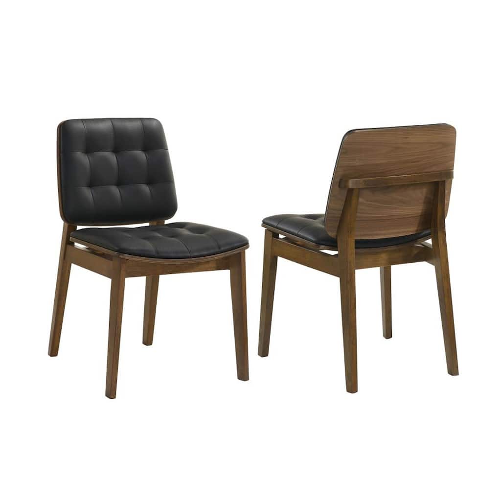 Set of 2 Black Tufted Leatherette Upholstered Dining Chairs, Walnut