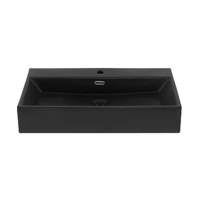 Reims 30" Rectangle Wall-Mount Bathroom Sink In Matte Black - 29.75" x 16.55" 5.65"