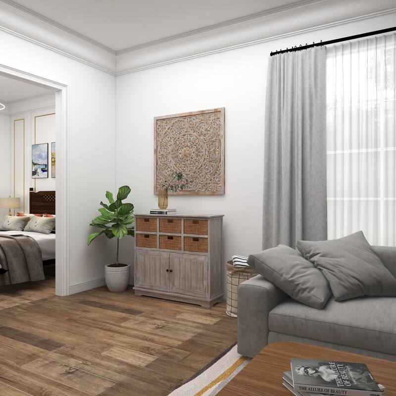 Gray Wooden Handmade Carved Scroll Mandala Floral Home Wall Decor with Brown Distressing