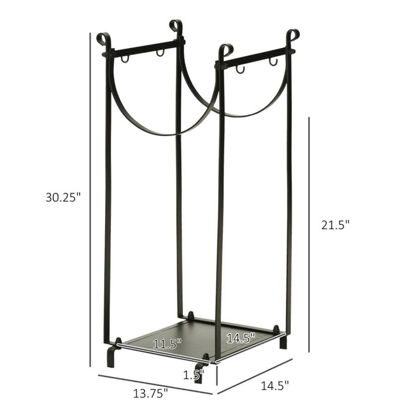 Black Steel Firewood Rack with Tools and Tall Multi-Tier Storage - 14.5" L x 13.75" W x 30.25" H