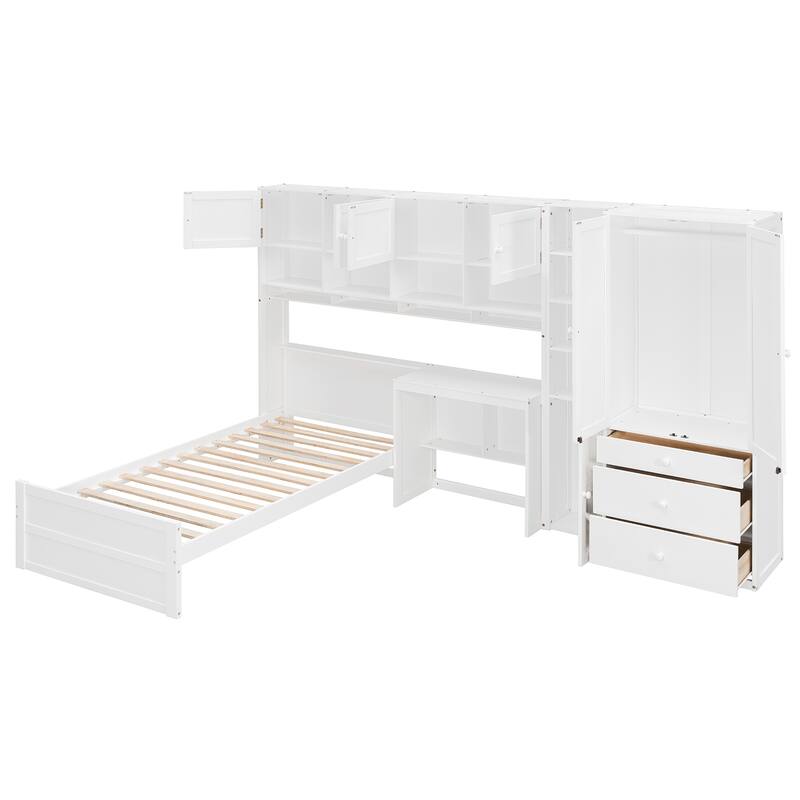Twin Size Wood Platform Bed with Built-in Desk, Wardrobe, Cabinets & Drawers