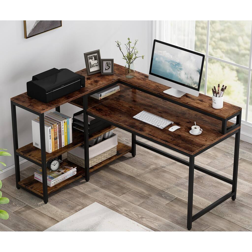 55 Inch Reversible L Shaped Desk with Storage Shelf, Corner Desk for Home Office
