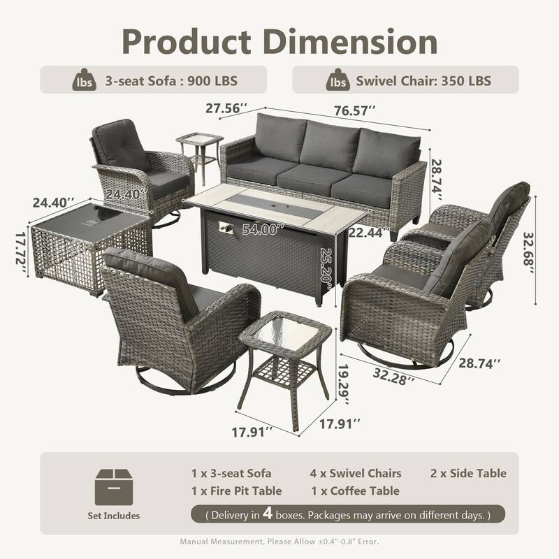 HOOOWOOO 9-piece Grey Wicker Outdoor Fire pit Set with Swivel Chairs