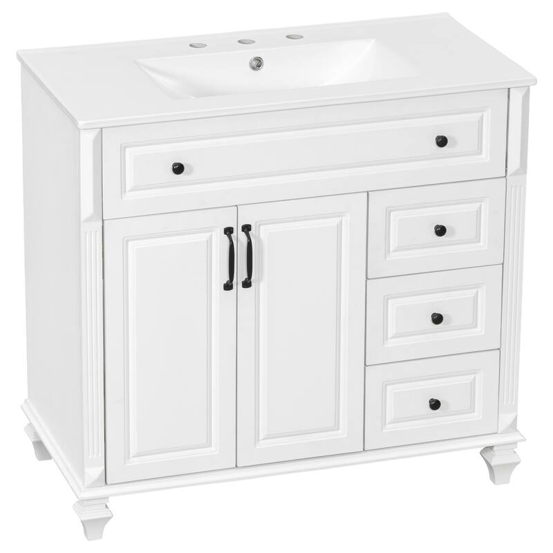 36" Bathroom Vanity with Sink - Solid Wood Cabinet with Flip Drawer, 3 Drawers & 2 Doors, Gold Handles, Modern Vanity