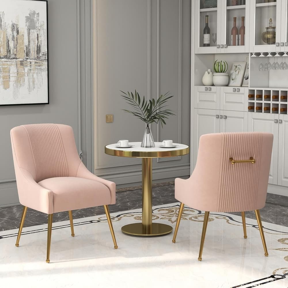 SEYNAR Modern Glam Boucle Pleated Velvet Dining Chair or Vanity Chair Set of 2 with Rear Handle