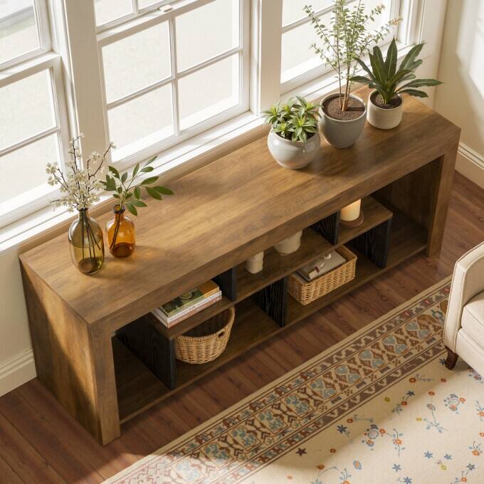 63" Rustic Wooden Console Sofa Table, Long Entryway Table with Storage