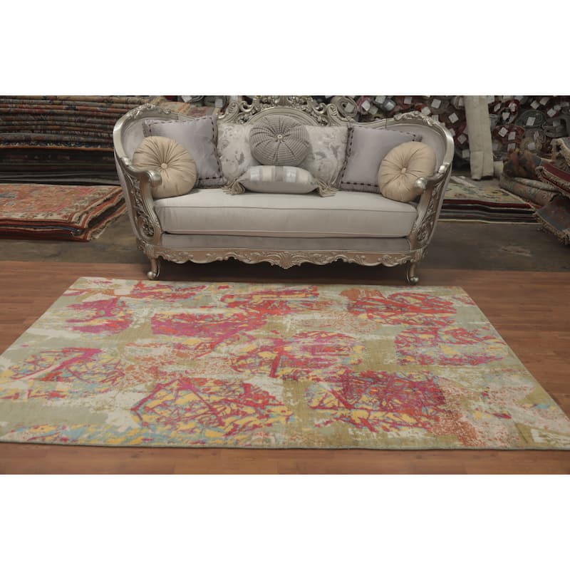 Hand-knotted Modern Silk Multi-Colored Abstract Oriental Area Rug - 7' 11'' X 5' 0''