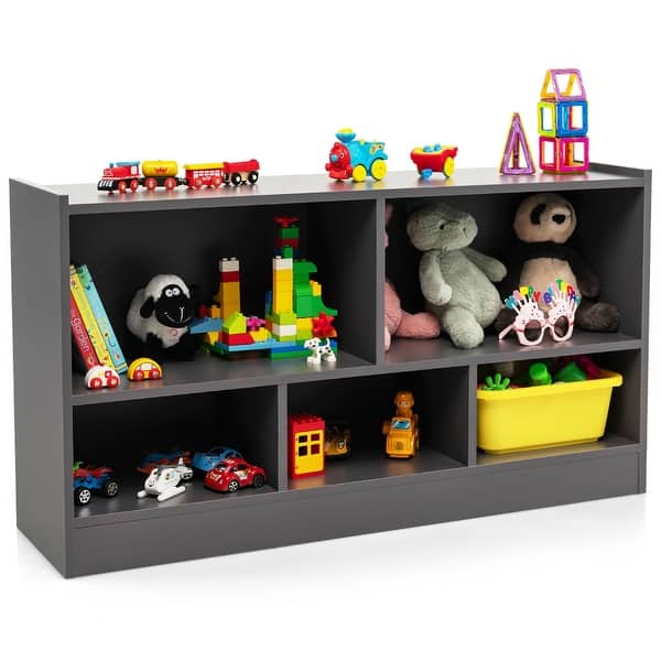 slide 2 of 38, Costway Kids 2-Shelf Bookcase 5-Cube Wood Toy Storage Cabinet Grey