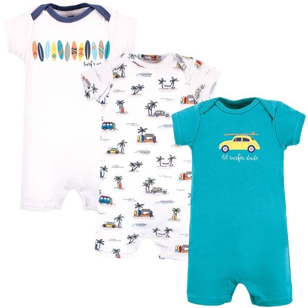slide 1 of 1, Hudson Baby Infant Boy Cotton Rompers, Surfer Dude 0 - 3 Months - White/Blue