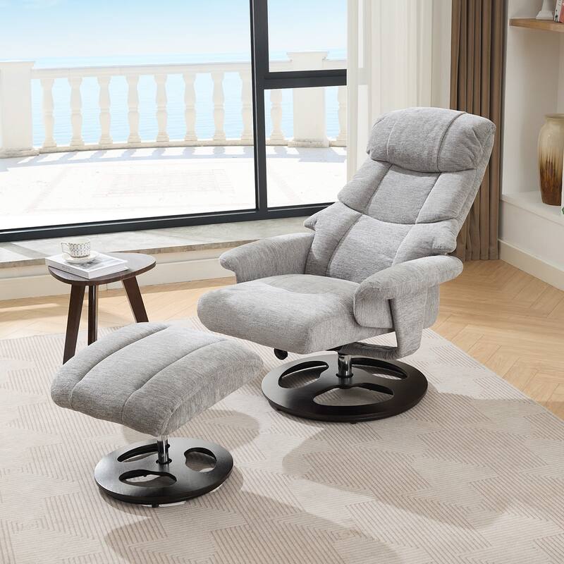 Recliner Chair with Ottoman, 360° Swivel Lounge Chair with Footstool, Chenille Fabric, Seat Heating & 140° Adjustable Backrest