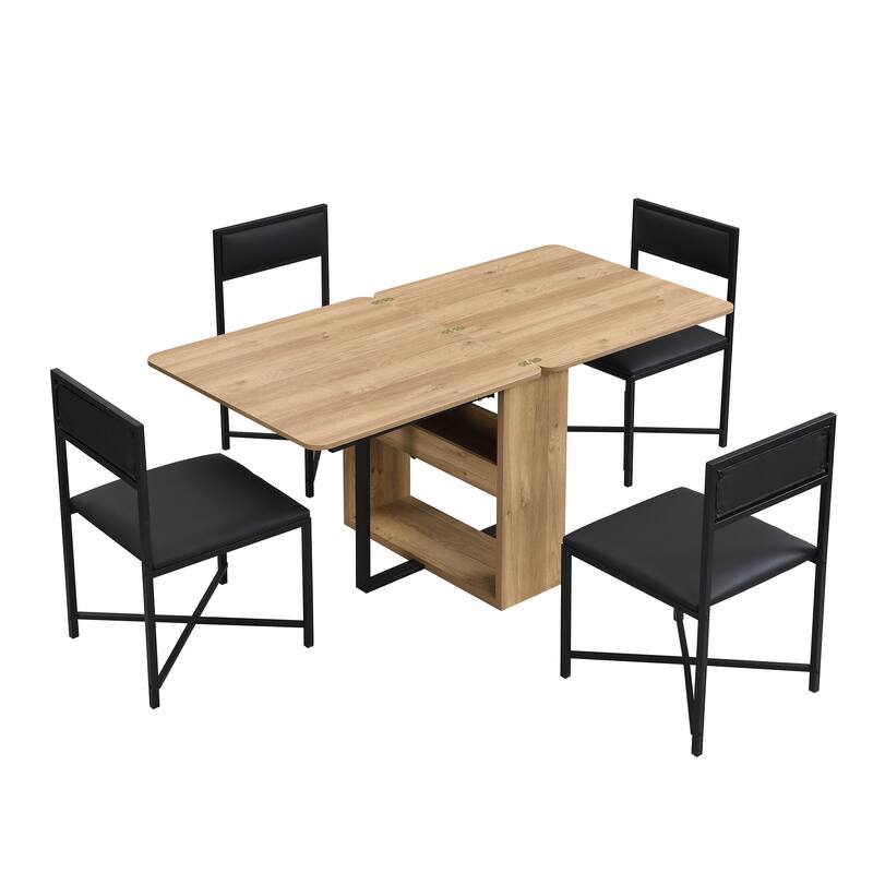 Modern 5-Piece Extendable Dining Table Set, 63" Kitchen Foldable Wooden Table with Lower Storage Shelf and 4 PU Leather Chairs