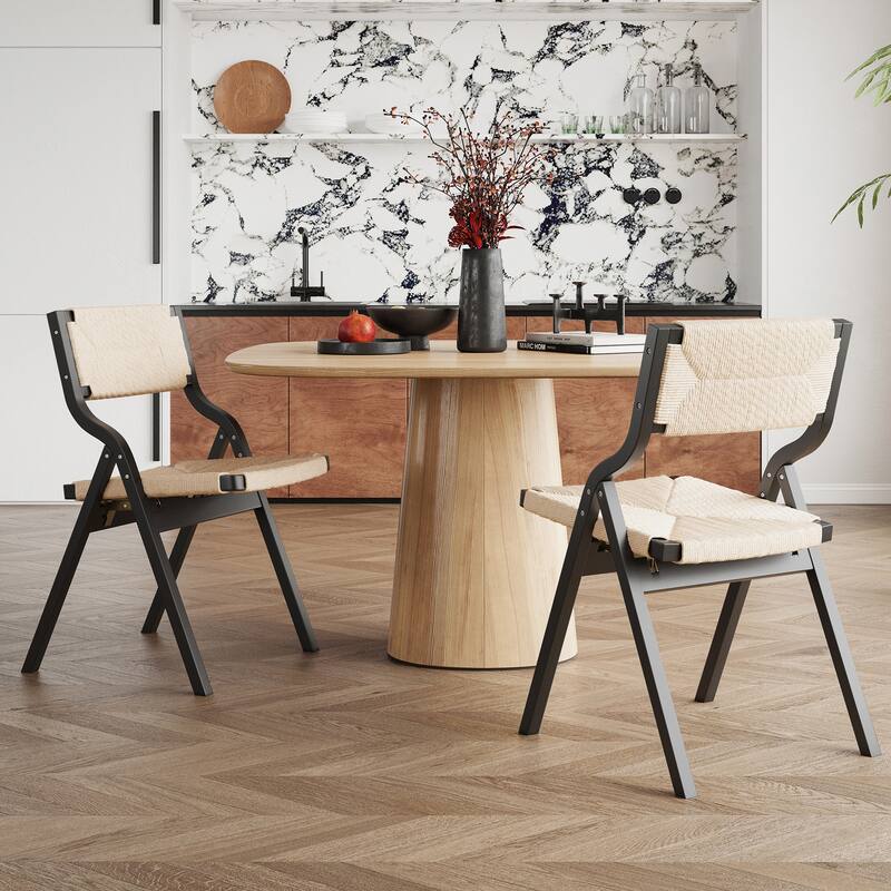 Foldable Chairs Wooden Stackable Dining Chairs for Kitchen & Dining Room Chair Woven Seat & Webbing Back, Dining Chair Set of 2