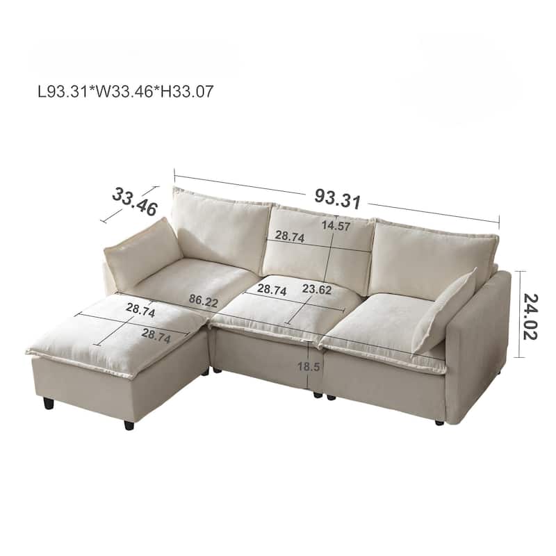 93" Modular L-Shaped Sectional Sofa with Movable Ottoman, 4-Seater Living Room Couch