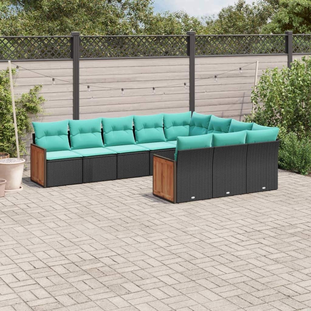 vidaXL 10 Piece Patio Sofa Set with Cushions Black Poly Rattan