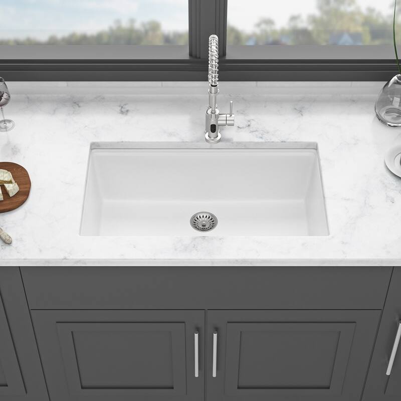 Undermount Single Bowl Quartz Kitchen Sink in White - 30'' x 19'' x 9.65''