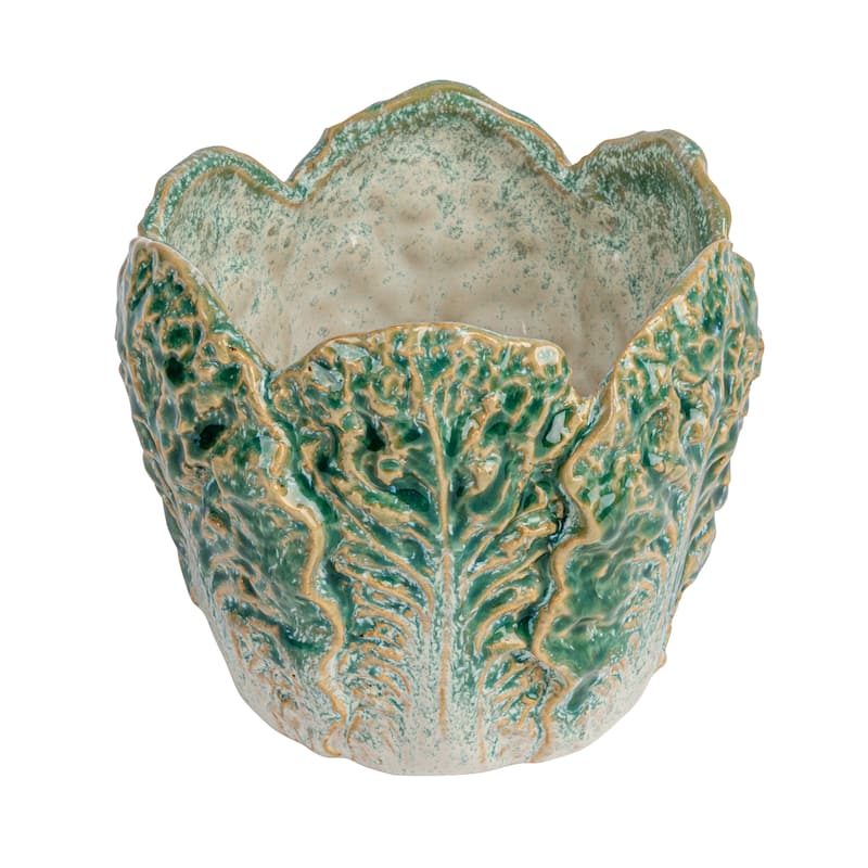 Embossed Stoneware Cabbage Planter with Reactive Glaze - 5.8"L x 5.6"W x 5.0"H