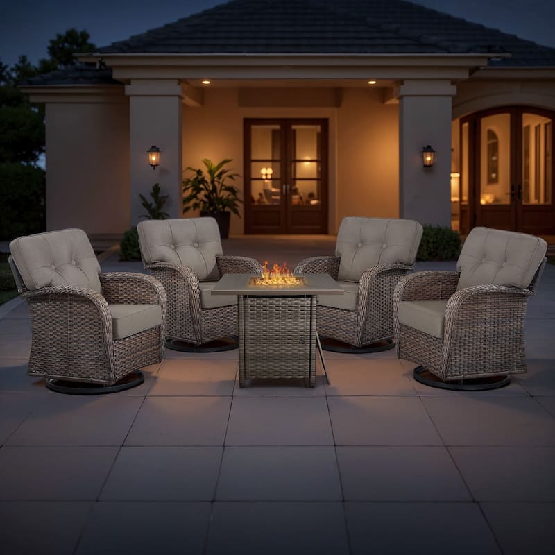TWrap 5-Piece Wicker Patio Fire Pit Conversation Set with Swivel Gliders and 5-Inch Cushions - Brown/Gray - Fire pit Set