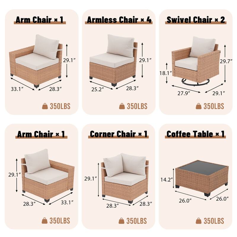 Outdoor L-Shaped Conversation Set Sectional Sofa 10-Piece Swivel Chair with Cushions Coffee Table PE Wicker Rattan