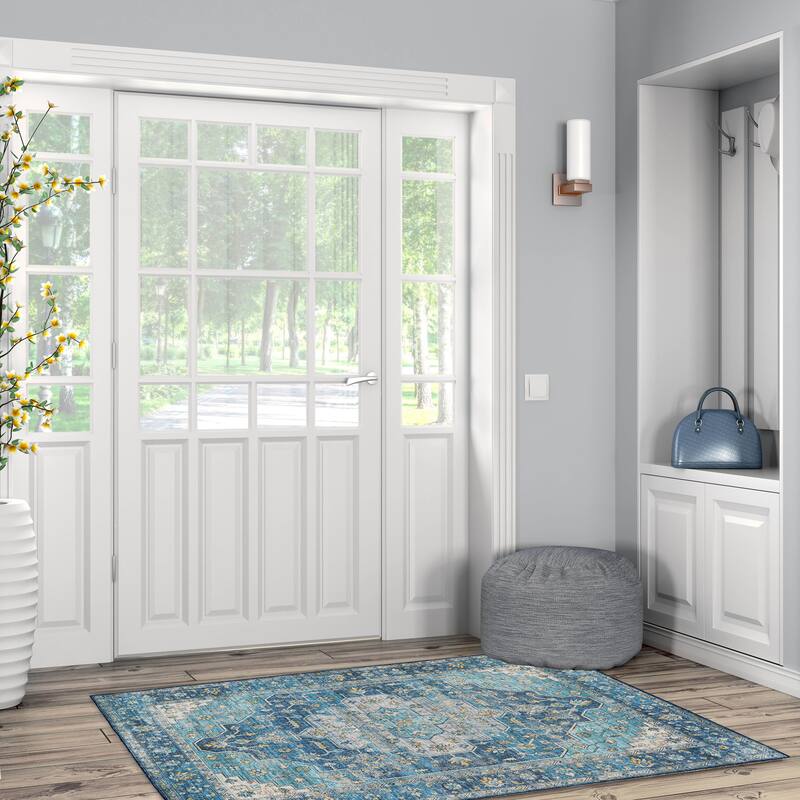 Sariah Machine Washlable Teal and Ivory Area Rug