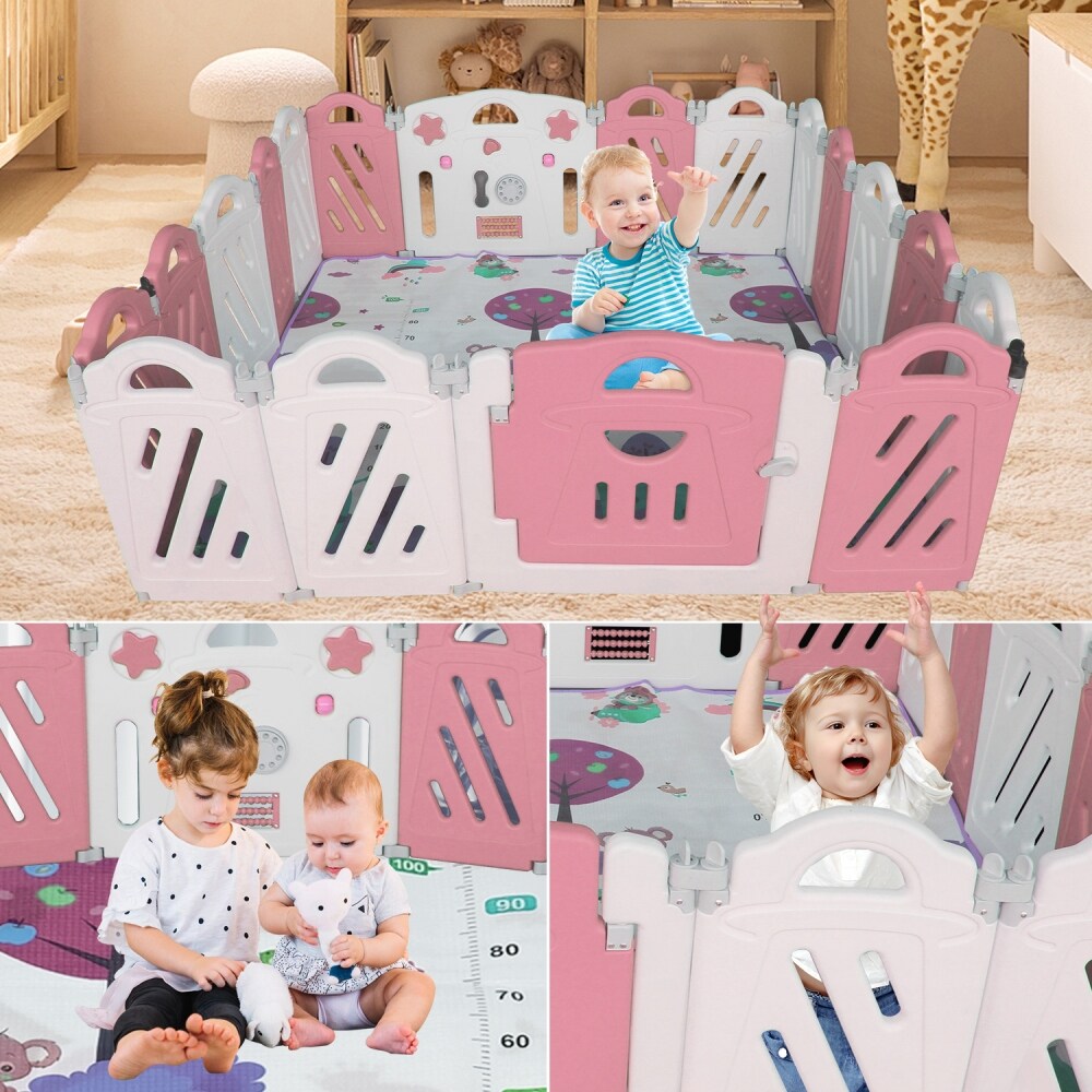 22-Panel Pink and White Foldable Baby Playpen with Safety Lock