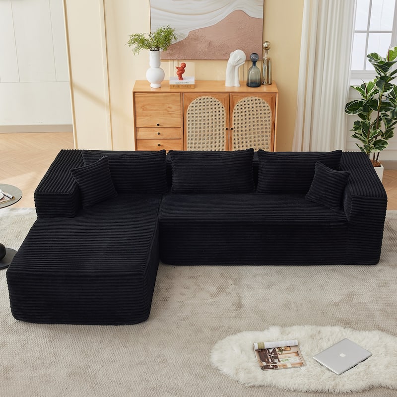 Floor Standing Modular Deep Seat Couch Corduroy L-shaped Sectional Sofa with Chaise Lounge, Pillows and Square Arms - Black