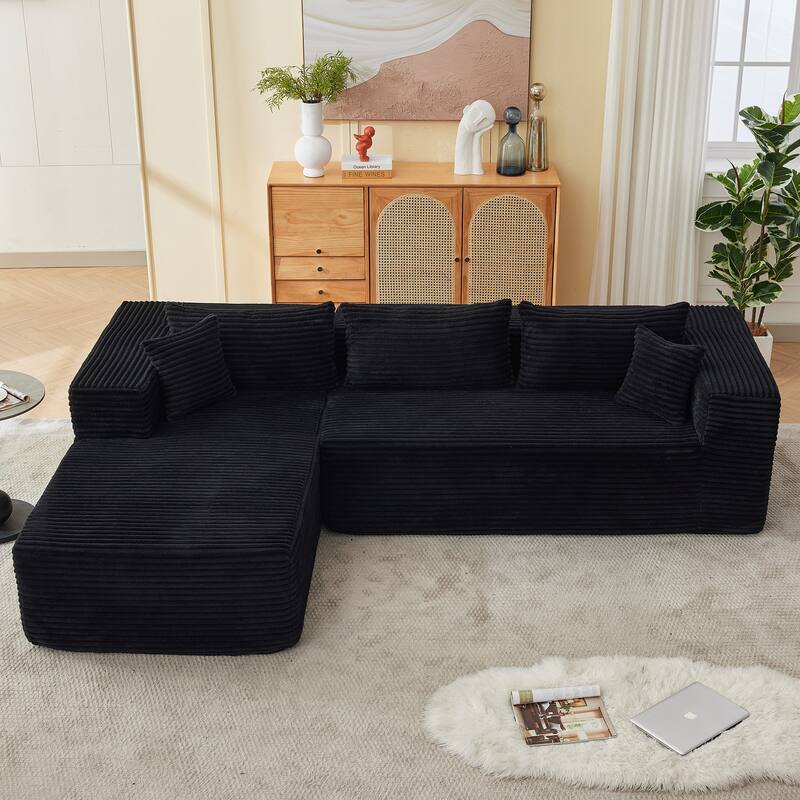 L-Shaped Modular Sectional Sofa with Chaise, Oversized Corduroy Upholstered 3 Seater Sofa, Deep Seat Cloud Couch with 6 Pillows
