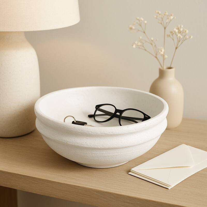 Decorative Round Terracotta Textured Bowl for Home Decor - 12", White - 12.0"