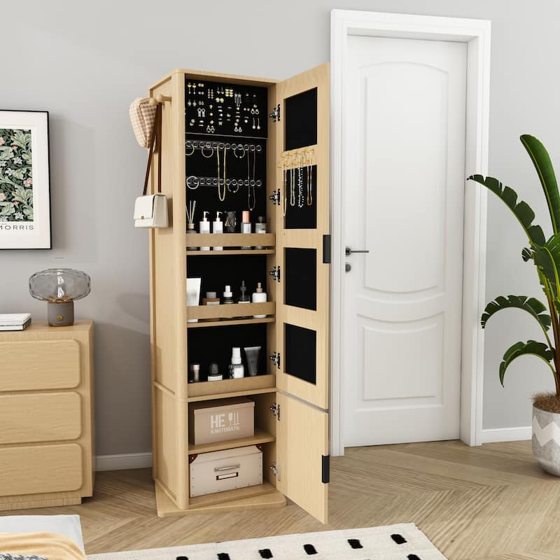 360° Rotating Makeup & Jewelry Cabinet with Full-Length Mirror - Standing Organizer with Coat Rack & 6-Tier Shelves