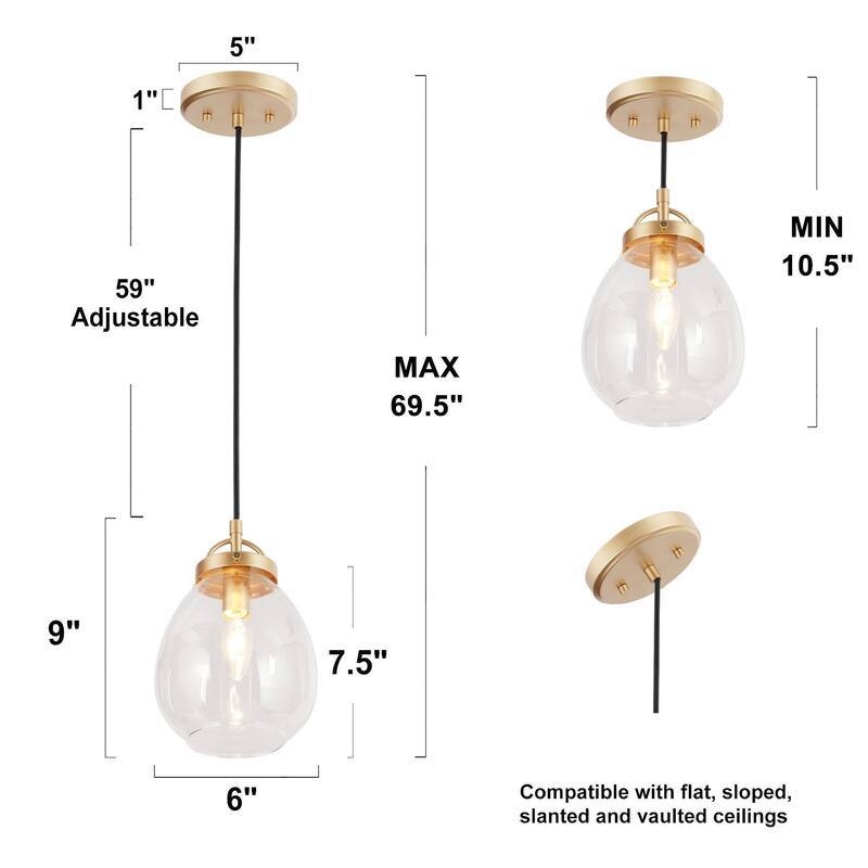 Modern 1-Light Gold Glass Pendant Light Dimmable Island Lighting for Dining Room - 6" D x 9" H
