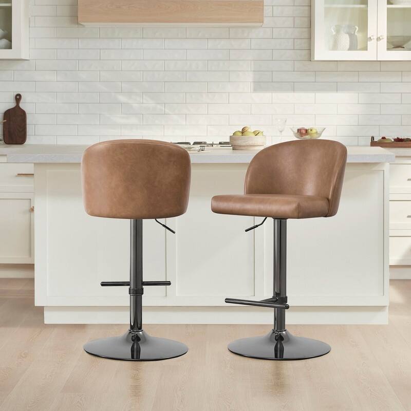 Spruce & Spring Charlotte Modern Adjustable Swivel Bar Stools Set with Arched Footrest - Set of 2 - Cognac-Sleek Black