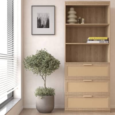 Tall Storage Cabinet, Rattan Bookcase with 3 Drawers and 3-Tier Open Shelves - 23.6"W x 13.8"D x 70.87"H