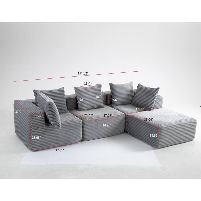 Floor Standing Deep Seat Sofa Corduroy Modular L-shaped Sectional Sofa with Chaise Lounge Compressed Sofa with Ottoman