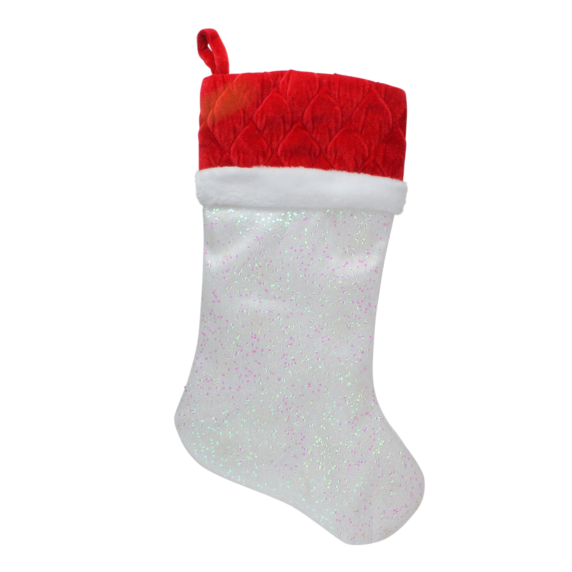 22.25" LED Lighted White Iridescent Glittered Christmas Stocking with Red Cuff