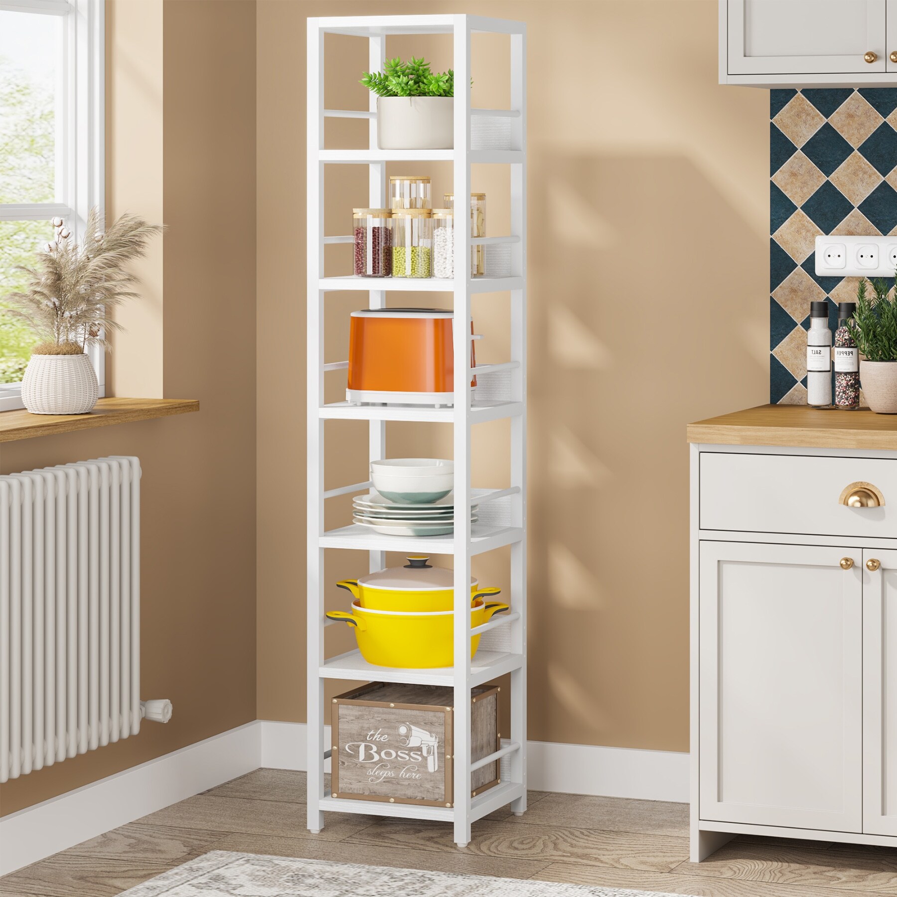 Industrial 75'' Tall Solid Corner Shelves, 6-Tier Narrow Bookshelf